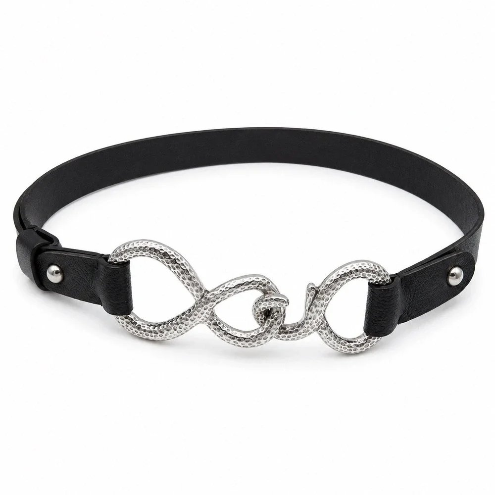 Chico's Black Leather Statement‎ Belt Hammered Silver Adjustable M/L
